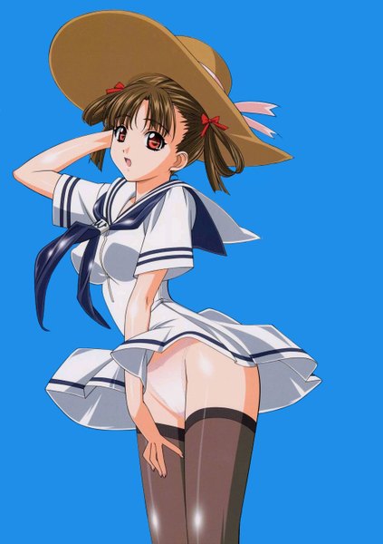 Anime picture 1000x1417 with sora no iro mizu no iro sorayama natsume tony taka tall image short hair open mouth light erotic red eyes brown hair blue background hair rings girl thighhighs uniform underwear panties black thighhighs hat serafuku