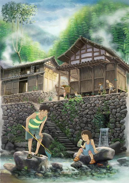 Anime picture 1500x2121 with totoro (pixiv) tall image sky cloud (clouds) smoke plant (plants) tree (trees) water forest child (children) dog house