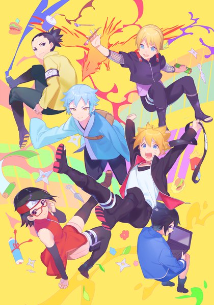 Anime picture 900x1285 with boruto studio pierrot naruto (series) uchiha sarada uzumaki boruto mitsuki (naruto) nara shikadai yamanaka inojin kaminarimon denki heiwa (murasiho) tall image short hair open mouth blue eyes black hair blonde hair smile yellow eyes blue hair full body