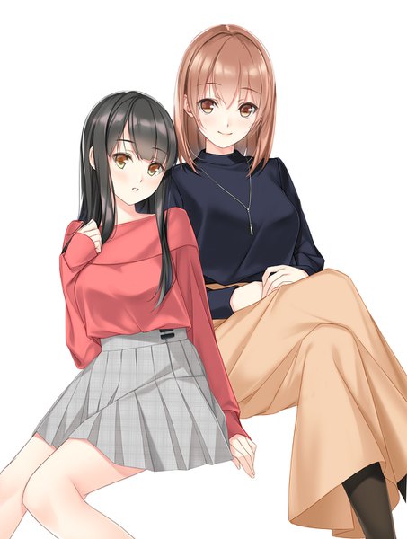 Anime picture 1072x1418 with original n69 long hair tall image looking at viewer blush fringe black hair simple background hair between eyes brown hair white background sitting multiple girls brown eyes long sleeves parted lips pleated skirt light smile fashion