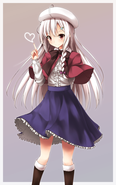 Anime picture 2314x3690 with astralair no shiroki towa yuuki (astralair no shiroki towa) mage (335656) single long hair tall image looking at viewer fringe highres simple background smile hair between eyes red eyes standing ahoge white hair braid (braids) grey background gradient background single braid