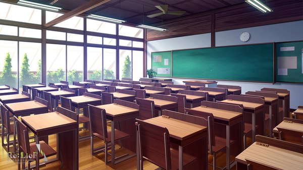 Anime picture 1280x720 with re:lief ebisutaro wide image sunlight inscription copyright name no people classroom plant (plants) tree (trees) window chair clock lamp desk blackboard school wall clock electric fan