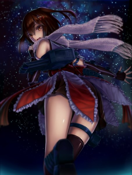Anime picture 2005x2647 with kantai collection sendai light cruiser kirieroido iii single tall image looking at viewer blush fringe highres short hair open mouth light erotic hair between eyes brown hair brown eyes sky outdoors looking back light smile from behind