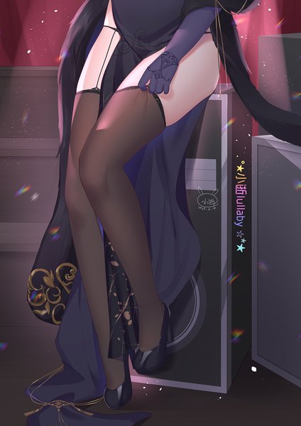 Anime picture 1240x1754 with azur lane cheshire (azur lane) cheshire (cait sith crooner) (azur lane) xiao shi lullaby single tall image fringe light erotic sitting signed ass traditional clothes high heels legs chinese clothes head out of frame girl thighhighs gloves underwear