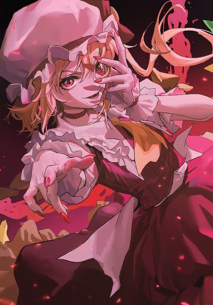 Anime picture 1000x1433 with touhou flandre scarlet ttk (kirinottk) single long hair tall image looking at viewer fringe open mouth blonde hair smile hair between eyes red eyes standing nail polish :d arm up fingernails floating hair outstretched arm