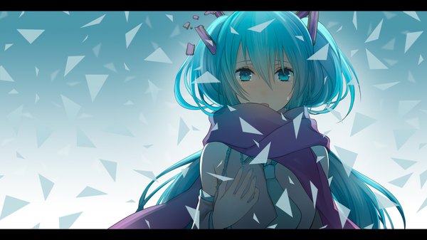 Anime picture 1920x1080 with vocaloid hatsune miku wogura single long hair highres open mouth wide image aqua eyes aqua hair tears girl hair ornament detached sleeves necktie scarf