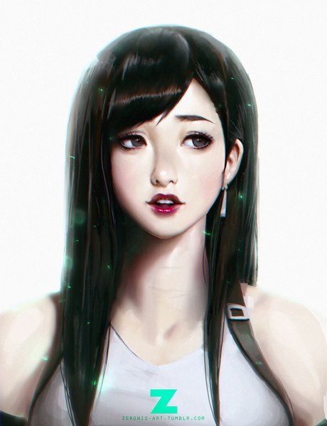 Anime picture 995x1296 with final fantasy final fantasy vii square enix tifa lockhart paul (shiramune) single long hair tall image black hair simple background looking away upper body lips black eyes realistic lipstick red lipstick girl
