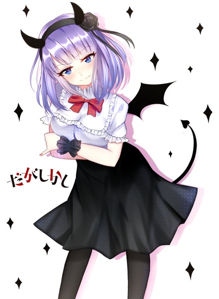 Anime picture 2530x3450 with dagashi kashi feel (studio) shidare hotaru yura single tall image blush fringe highres short hair breasts blue eyes simple background white background purple hair tail looking down breast grab demon tail demon wings