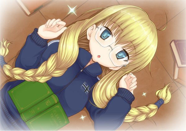 Anime picture 1754x1241 with daiteikoku retia adolf hino taka (artist) single long hair highres blue eyes blonde hair braid (braids) girl glasses sweater