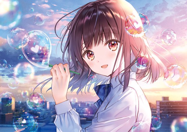 Anime picture 1600x1132 with original hanekoto single looking at viewer blush fringe short hair open mouth smile red eyes brown hair holding sky cloud (clouds) upper body outdoors blunt bangs :d wind blurry