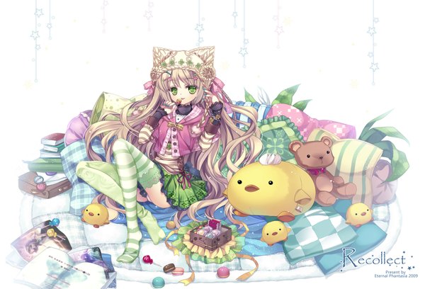 Anime picture 1920x1307 with long hair highres blonde hair green eyes animal ears girl thighhighs hat miniskirt food sweets pillow book (books) toy stuffed animal striped thighhighs magazine