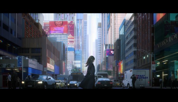 Anime picture 5000x2872 with original dodge novelance long hair fringe highres black hair wide image looking away absurdres blunt bangs profile black eyes realistic hair bun (hair buns) high heels city reflection letterboxed solo focus