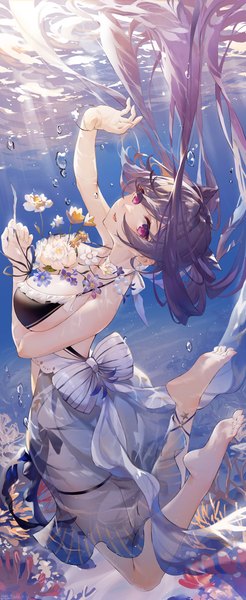 Anime picture 2752x6719 with genshin impact keqing (genshin impact) swkl:d single long hair tall image looking at viewer highres breasts light erotic large breasts purple eyes twintails purple hair barefoot hair bun (hair buns) underwater girl flower (flowers) bow