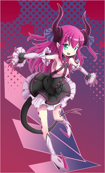 Anime picture 689x1136 with fate (series) fate/extra type-moon elizabeth bathory (fate) (all) elizabeth bathory (fate) mana12 single long hair tall image blush light erotic smile green eyes pink hair tail horn (horns) girl dress detached sleeves