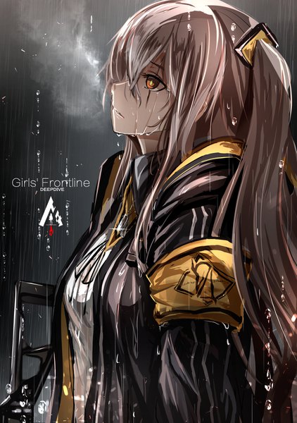 Anime picture 2319x3294 with girls frontline ump45 (girls frontline) haguruma (hagurumali) single long hair tall image fringe highres hair between eyes brown hair holding looking away sky cloud (clouds) upper body outdoors parted lips profile open jacket wet