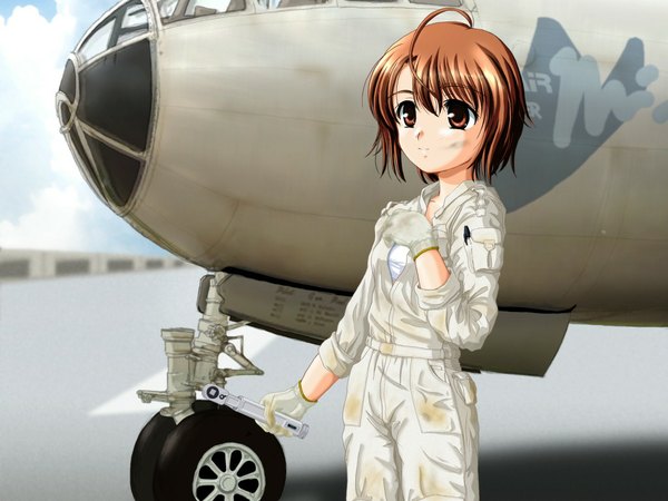 Anime picture 1024x768 with short hair ahoge twisty sleeves dirty gloves aircraft airplane wrench jumpsuit rocket no natsu b-29 chise natsumi