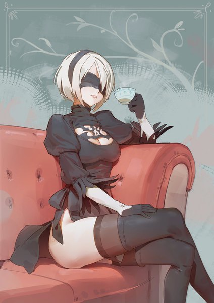 Anime picture 2895x4096 with nier nier:automata yorha no. 2 type b hks (timbougami) single tall image highres short hair breasts light erotic sitting holding cleavage white hair puffy sleeves no panties crossed legs side slit cleavage cutout blindfold