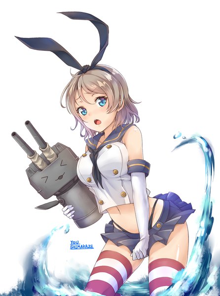 Anime picture 1300x1750 with kantai collection love live! sunshine!! sunrise (studio) love live! shimakaze destroyer rensouhou-chan watanabe you kanabun single tall image looking at viewer blush short hair open mouth blue eyes light erotic brown hair white background bare belly character names
