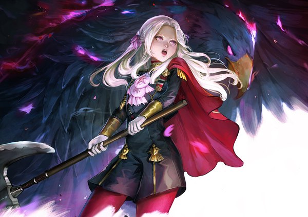 Anime picture 1423x1006 with fire emblem fire emblem: three houses nintendo edelgard von hresvelg timkongart single long hair open mouth standing white background purple eyes holding payot looking away white hair :d wind fighting stance screaming >:d