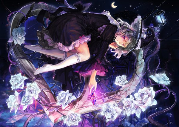 Anime picture 1300x921 with original xiezhua (amyoy) single long hair looking at viewer blush purple eyes silver hair night no shoes night sky outstretched arm girl dress hair ornament flower (flowers) socks black dress rose (roses) moon