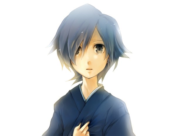 Аниме картинка 1143x884 с покемон nintendo hayato (pokemon) один (одна) чёлка короткие волосы простой фон белый фон синие волосы японская одежда волосы прикрывают глаз серые глаза мужчина