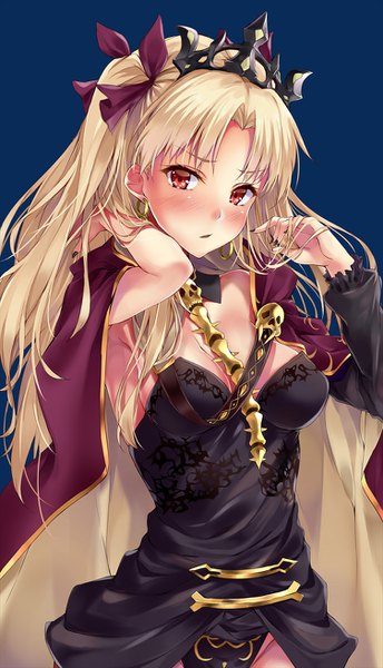 Anime picture 752x1310 with fate (series) fate/grand order ereshkigal (fate) marisasu (marisa0904) single long hair tall image looking at viewer blush fringe breasts light erotic blonde hair simple background red eyes upper body long sleeves nail polish fingernails two side up