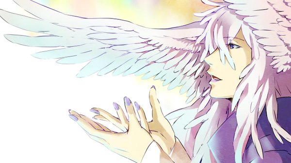 Anime picture 1364x768 with aquarion (series) aquarion evol satelight mykage single long hair open mouth blue eyes simple background wide image nail polish boy wings feather (feathers)