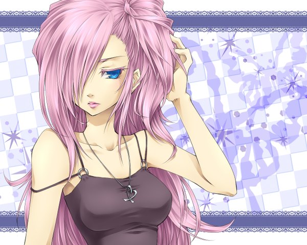 Anime picture 1280x1024 with vocaloid megurine luka ueno tsuki single long hair fringe blue eyes bare shoulders pink hair hair over one eye girl pendant