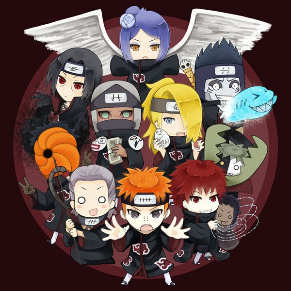 Anime picture 1000x1000 with naruto studio pierrot naruto (series) uchiha itachi uchiha obito tobi deidara sasori pain (naruto) konan hidan deva path hoshigaki kisame kakuzu zetsu long hair looking at viewer blush highres short hair