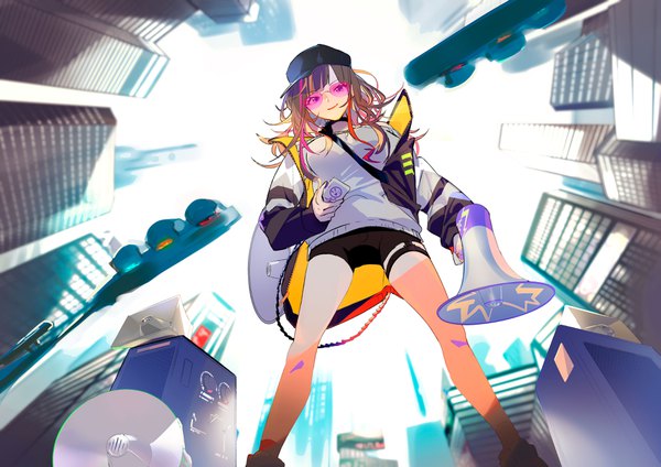 Anime picture 3725x2634 with virtual youtuber nijisanji hayase sou haniwa (refuge) single long hair looking at viewer highres smile brown hair standing absurdres outdoors from below girl shorts building (buildings) short shorts sunglasses skyscraper