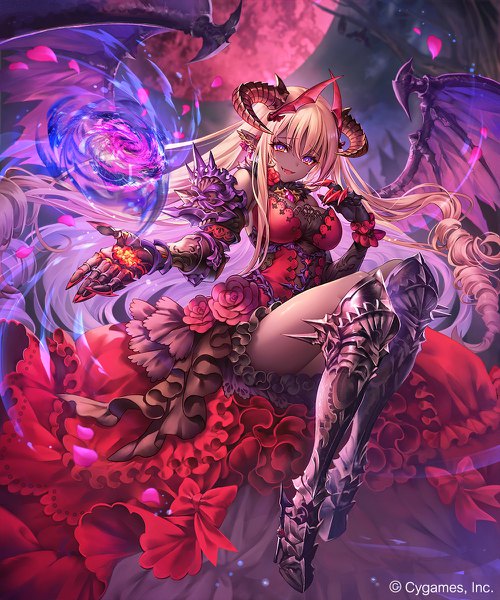 Anime picture 1000x1200 with shadowverse nightprowl vampire madogawa single long hair tall image looking at viewer fringe open mouth blonde hair smile hair between eyes red eyes payot full body bent knee (knees) outdoors horn (horns) pointy ears night