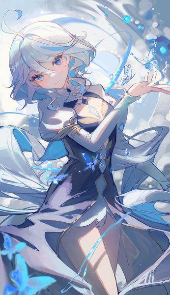 Anime picture 2480x4298 with genshin impact focalors (genshin impact) yutou (yutou75) single tall image looking at viewer fringe highres blue eyes hair between eyes silver hair ahoge very long hair head tilt puffy sleeves spoilers girl dress insect butterfly