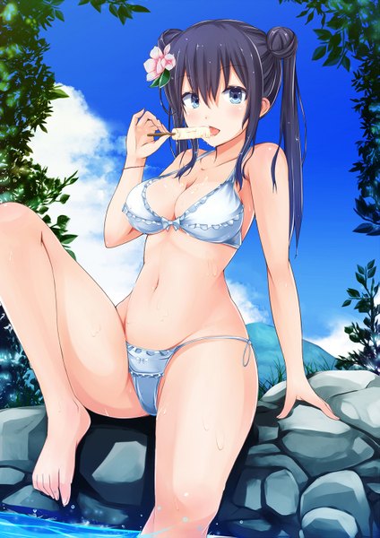 Anime picture 1085x1535 with original irohara single long hair tall image looking at viewer breasts blue eyes light erotic black hair twintails sky cloud (clouds) hair flower girl navel hair ornament flower (flowers) swimsuit bikini