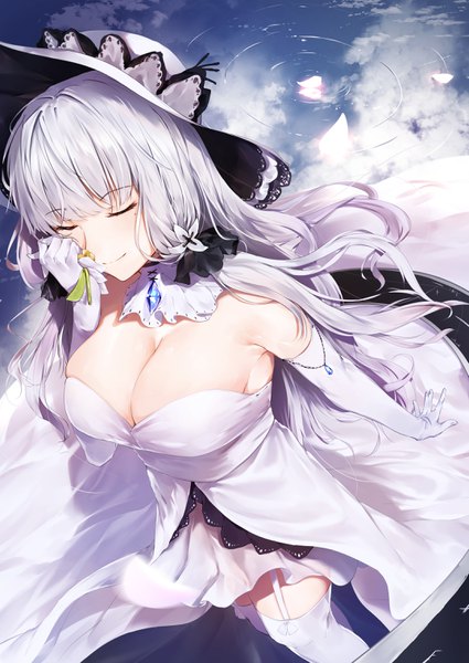 Anime picture 2150x3035 with azur lane illustrious (azur lane) hplay (kyoshinou) single long hair tall image fringe highres breasts light erotic large breasts holding sky cleavage cloud (clouds) white hair eyes closed from above blurry mole