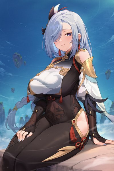 Anime picture 4000x6000 with genshin impact shenhe (genshin impact) try single long hair tall image looking at viewer blush fringe highres breasts light erotic large breasts sitting absurdres sky silver hair outdoors braid (braids) nail polish