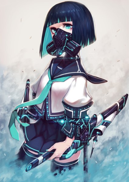 Anime picture 4093x5787 with original doku-chan (dokkudokudoku) single tall image looking at viewer highres short hair black hair absurdres multicolored hair aqua eyes aqua hair two-tone hair colored inner hair sailor collar neon trim girl thighhighs skirt uniform