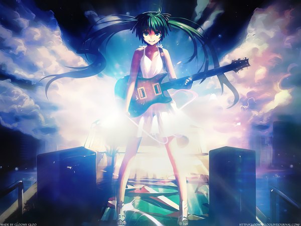 Anime picture 1600x1200 with vocaloid hatsune miku gloomy-gloo(artist) single long hair blue eyes smile twintails sky cloud (clouds) green hair sunlight girl musical instrument guitar