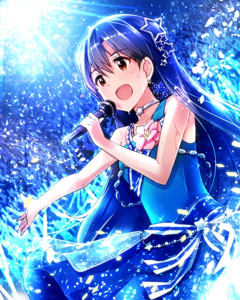 Anime picture 765x956 with idolmaster kisaragi chihaya ima (lm ew) single long hair tall image fringe open mouth standing bare shoulders brown eyes blue hair singing girl dress hair ornament flower (flowers) ribbon (ribbons) earrings petals