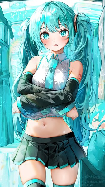 Anime-Bild 720x1280 mit vocaloid hatsune miku shirubaa single long hair tall image looking at viewer blush open mouth standing twintails bare shoulders pleated skirt aqua eyes aqua hair wide sleeves midriff zettai ryouiki skindentation crossed arms