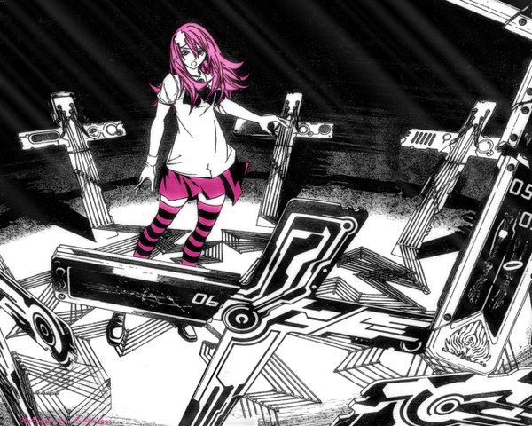 Anime picture 1280x1024 with air gear toei animation sumeragi kururu single long hair open mouth pink hair pink eyes spot color polychromatic girl thighhighs skirt hair ornament hairclip striped thighhighs cross