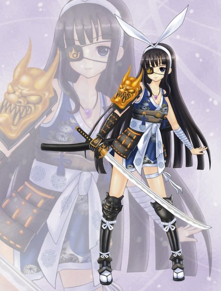 Anime picture 3000x3940 with original fukuro ko (greentea) long hair tall image looking at viewer highres blue eyes black hair traditional clothes zoom layer girl weapon sword hairband armor katana pendant bandage (bandages) eyepatch