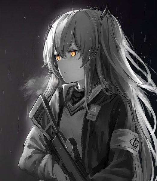 Anime picture 1048x1204 with girls frontline ump45 (girls frontline) tama satou single long hair tall image fringe simple background hair between eyes holding yellow eyes looking away grey hair grey background open jacket one side up gradient background monochrome rain expressionless