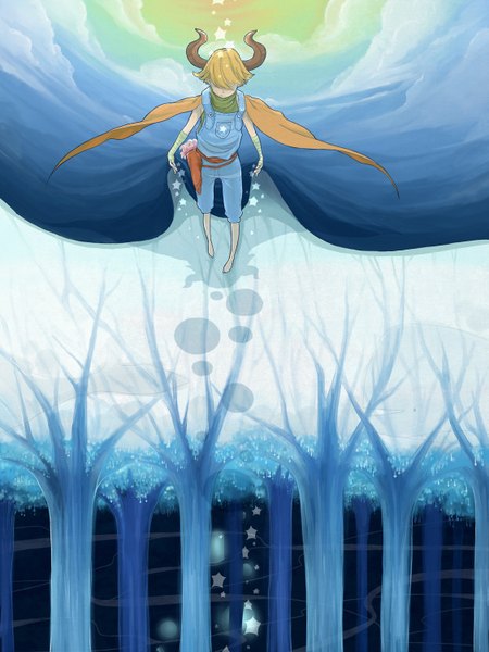 Anime picture 1125x1500 with original amurasaki (artist) single tall image short hair blonde hair sky fantasy hair over eyes boy plant (plants) tree (trees) star (stars) cloak bandage (bandages) fanny pack overalls whale
