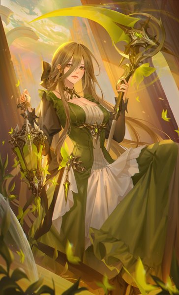 Anime picture 2482x4096 with original shumolly single long hair tall image looking at viewer fringe highres breasts hair between eyes brown hair sitting holding green eyes cleavage outdoors long sleeves blurry from below puffy sleeves