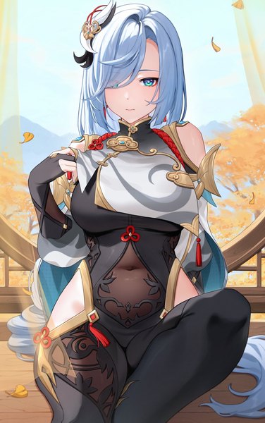 Anime picture 1253x2000 with genshin impact shenhe (genshin impact) reiji-rj single tall image looking at viewer blush fringe breasts light erotic large breasts sitting sky silver hair bent knee (knees) very long hair traditional clothes hair over one eye covered navel mountain