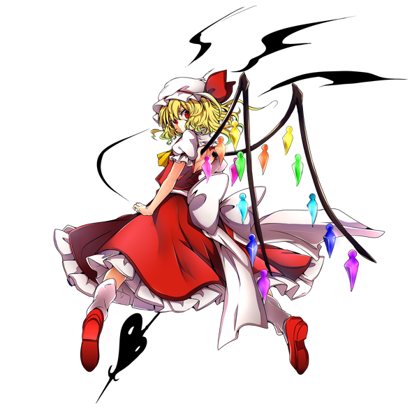 Anime picture 3608x3541 with touhou flandre scarlet baba (baba seimaijo) single looking at viewer highres short hair blonde hair red eyes absurdres full body looking back from behind short sleeves puffy sleeves one side up back soles transparent background girl