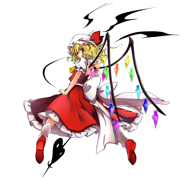 イラスト 3608x3541 と 東方 フランドール・スカーレット baba (baba seimaijo) ソロ カメラ目線 highres 短い髪 金髪 赤い目 absurdres 全身 looking back from behind short sleeves puffy sleeves ワンサイドアップ back soles transparent background 女の子