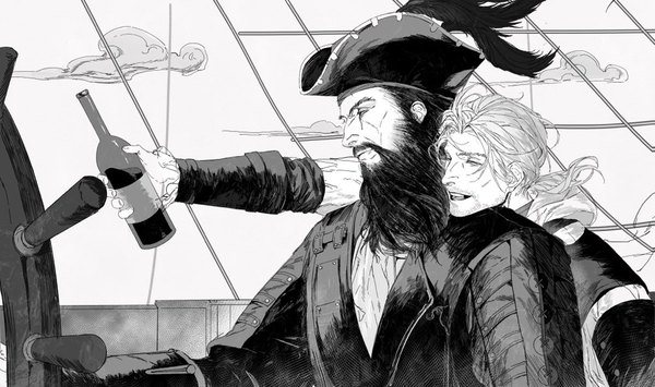 Anime picture 1024x606 with assassin's creed (game) tagme (character) edward kenway mantangfeng short hair open mouth smile wide image holding looking away cloud (clouds) upper body multiple boys monochrome boy hat 2 boys bottle beard pirate hat