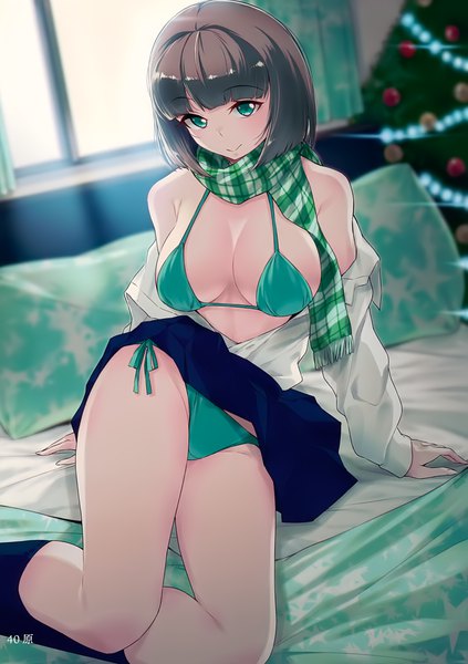 Anime picture 2489x3532 with melonbooks 40hara single tall image looking at viewer blush fringe highres short hair breasts light erotic brown hair large breasts sitting bare shoulders green eyes signed indoors blunt bangs blurry