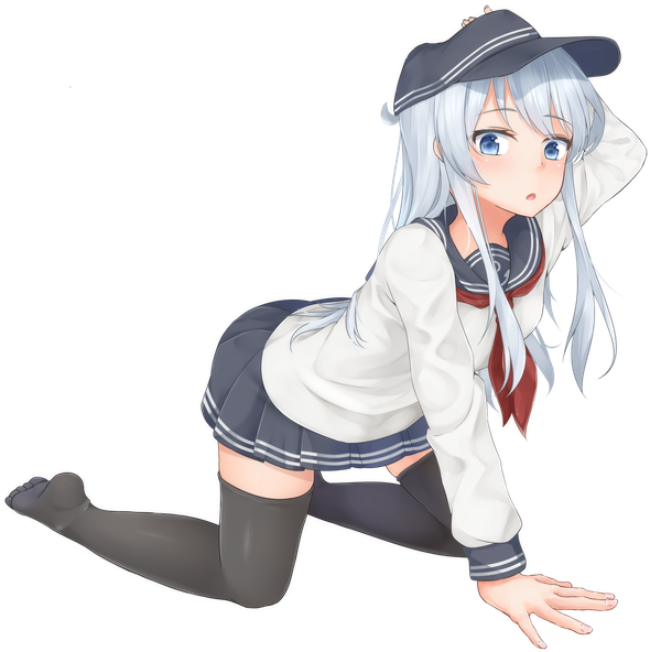Anime picture 1387x1370 with kantai collection hibiki destroyer shokora momiji single long hair looking at viewer blush fringe open mouth blue eyes standing payot silver hair full body bent knee (knees) pleated skirt arm up :o no shoes zettai ryouiki